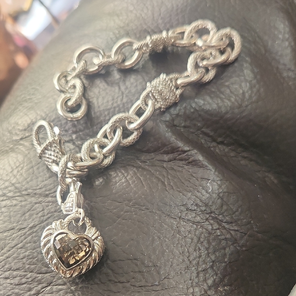 925 Silver Sterling JUDITH RIPKA Charm Bracelet Heart Smoky Quartz
